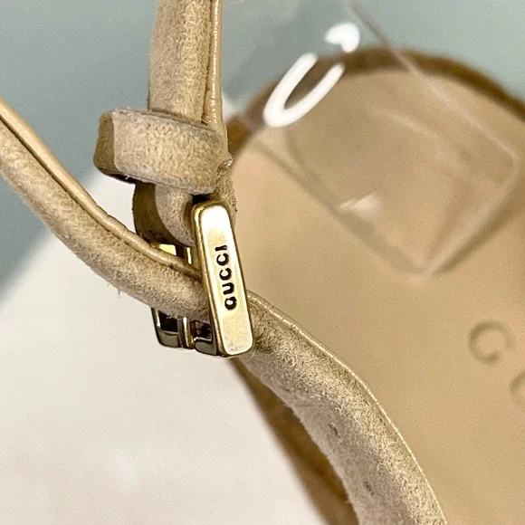 GUCCI Women's Tan GG Logo Platform Cork Wedge Espadrille Sandal Size 37.5 - Picture 7 of 13